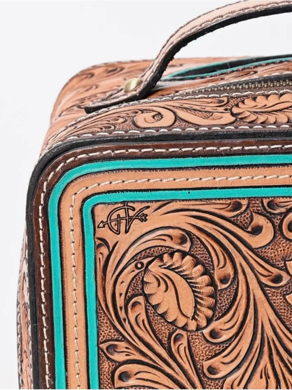 Tooled Leather Train Case with Turquoise Accents - Women Bags